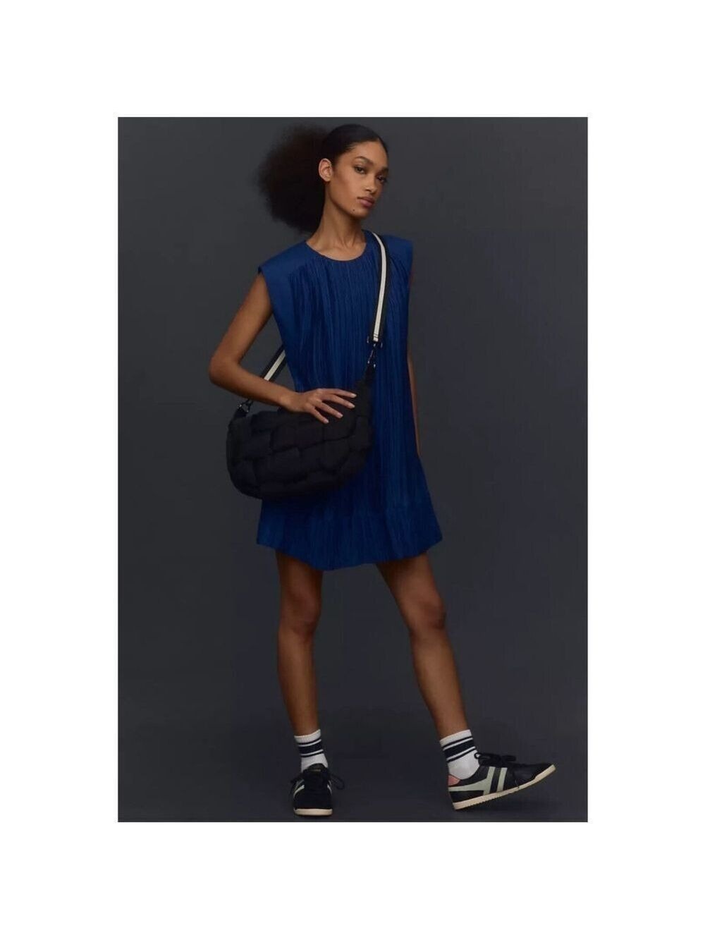 By Anthropologie Cap-Sleeve Plissé Mini Dress in Blue Size XL